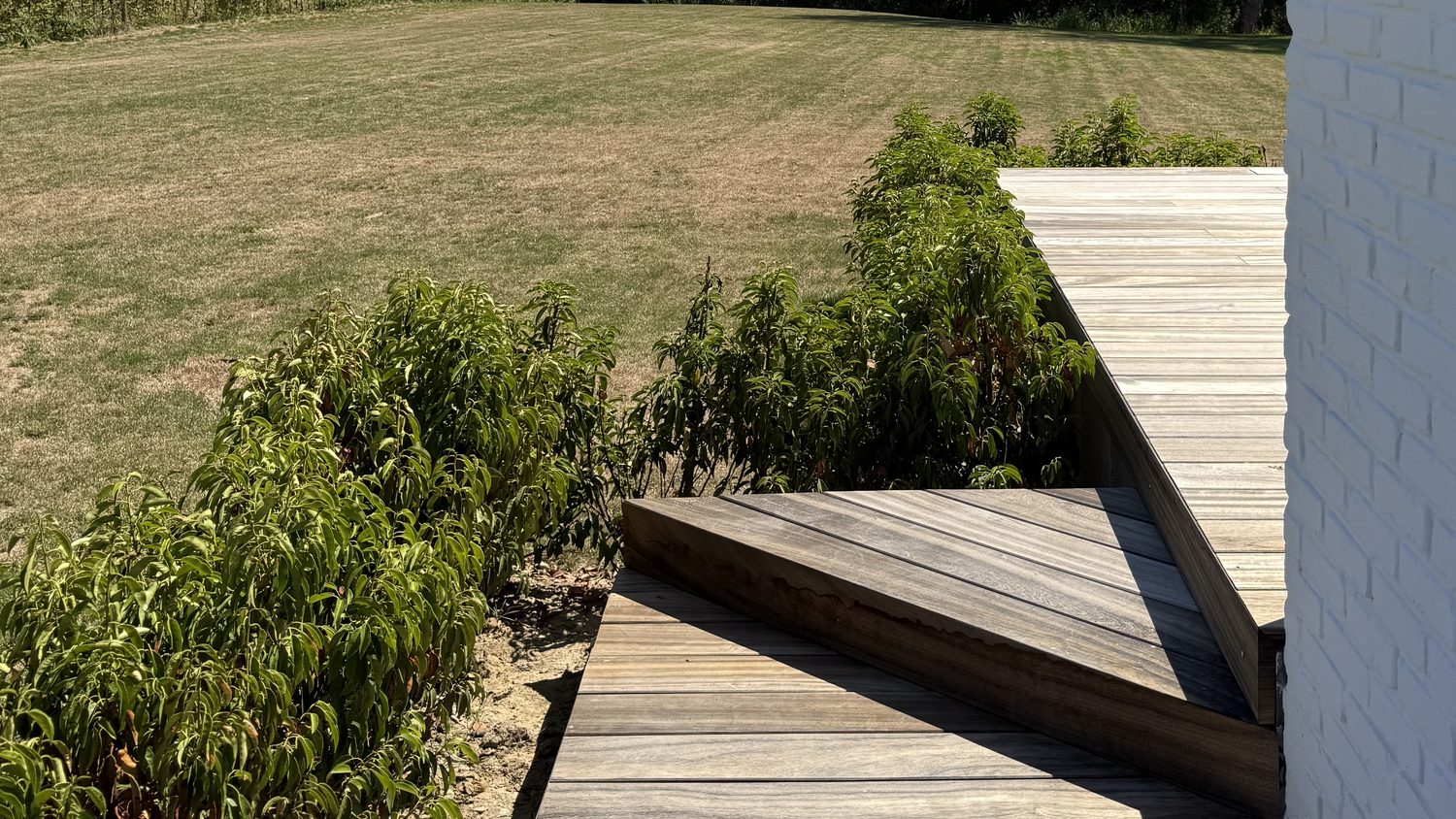 Terrasse en ipe avec emmarchement, ouverte sur le jardin